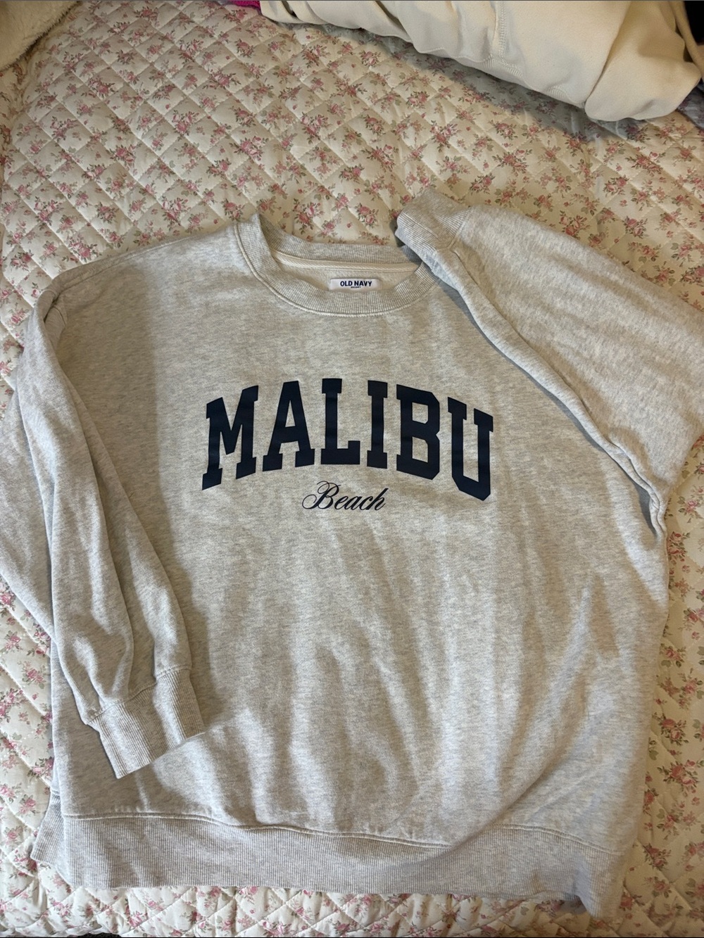 Old Navy Light Gray Crewneck Sweatshirt with Navy 'Malibu Beach' Logo